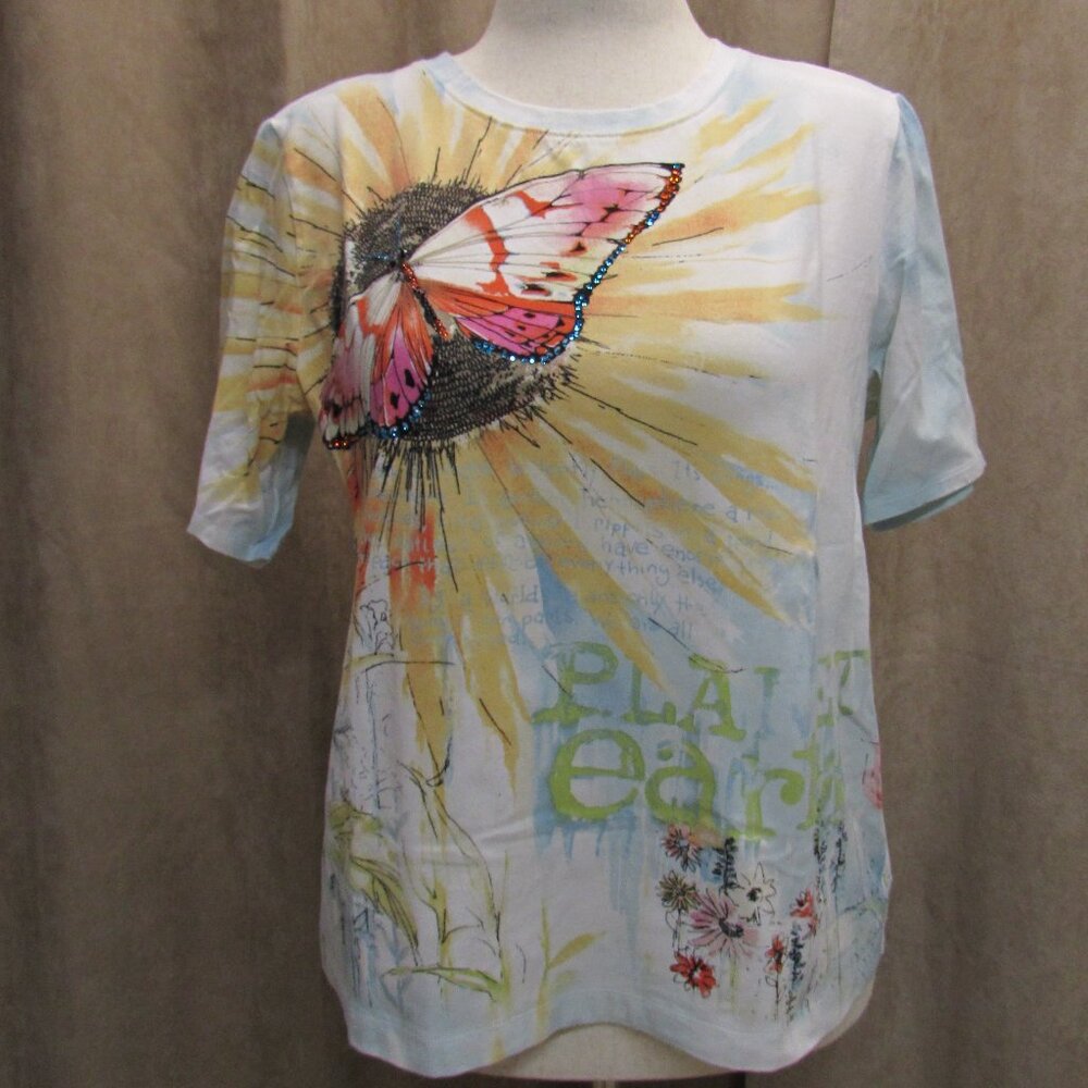 Chicos Rhinestone Butterfly Planet Earth Cotton Tee XL